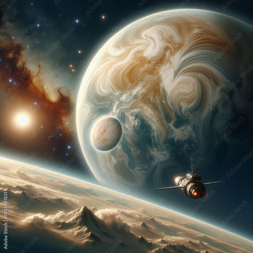 Poster a spacecraft navigating through a breathtaking view of distant planets and stars in deep space. the 
