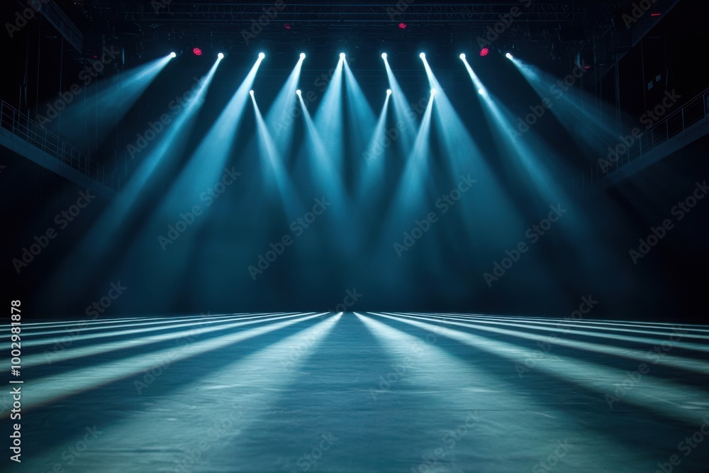 Poster stage lights casting shadows on an empty performance space, dramatic and atmospheric.