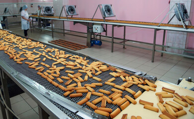 Cookie production line at a confectionery factory showcasing freshly baked cookies on the conveyor...