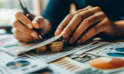 Investors calculating investment costs and holding cash notes in hand are portrayed, focusing on financial planning and analysis, Generative AI