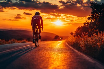 Rear back view of a cyclist man silhouetted against the orange twilight sky, riding on an asphalt road at dusk. Highlights summer outdoor sport activity and healthy lifestyle.