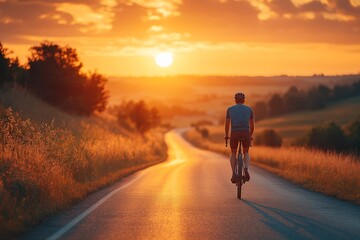 Obraz premium Rear back view of a cyclist man silhouetted against the orange twilight sky, riding on an asphalt road at dusk. Highlights summer outdoor sport activity and healthy lifestyle.