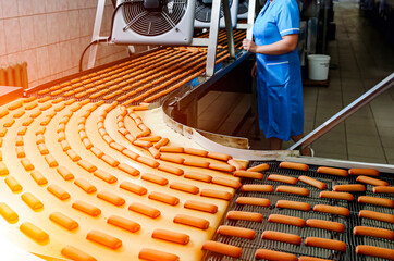 Factory production line for cookies with conveyor belt and worker in blue uniform during daytime at...