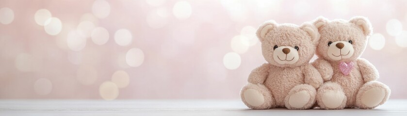 Charming Scene of Two Adorable Teddy Bears Sitting Together, Emphasizing Friendship and Innocence in a Cozy Setting