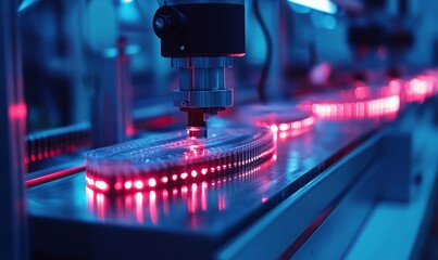 An automated industrial machine for plastic packaging is shown under a light effect, focusing on the automated packaging line for products and food in, Generative AI