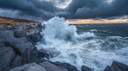 Obraz premium Powerful Waves Crash Against Rocky Shoreline at Dusk