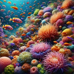 Fototapeta premium An underwater scene featuring a vibrant coral reef teeming with colorful fish and diverse marine life. The vivid hues and intricate textures of the corals and sea creatures make this image perfect for