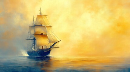 Fototapeta premium A tall ship sails across a calm sea as the sun sets in the distance.