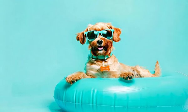 A cheerful dog with sunglasses lounges on a pool float against a blue backdrop, evoking fun summer vibes. AI