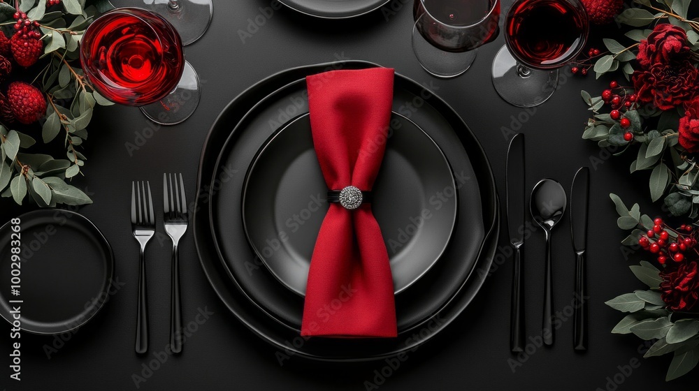 Poster a black and red table setting with a red napkin and wine glasses