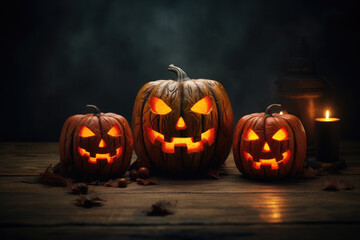 Halloween night. Candle lit Halloween Pumpkins. Halloween Backdrop with spooky pumpkins.