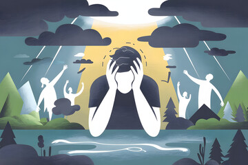Illustration of a man who is suffering from depression and anxiety. 