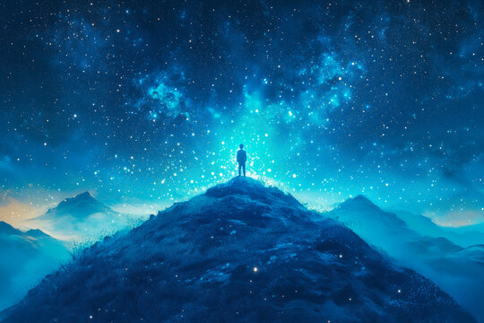 Dreamy scene of a lone figure stargazing on a grassy hill, surrounded by a sea of twinkling stars