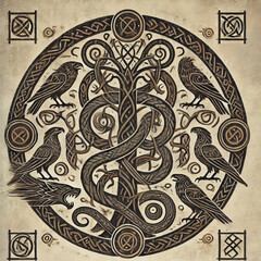 Nordic Mythology Illustration with Ravens and Serpent &ndash; Viking Symbolism Art