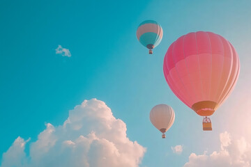 Naklejka premium Hot air balloons floating gracefully in the sky as the sun rises on the horizon, painting the clouds with vibrant colors