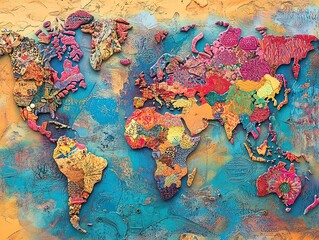 Vibrant Multi-Textured World Map Artwork: A Playful Poster Perfect for Sports Interiors, Featuring Bright Colors and Intricate Designs to Ignite Inspiring Adventures!