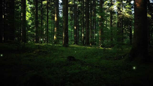Flying glowing green fireflies inside dark green mossy forest.