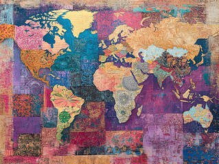 Vibrant Multi-Textured World Map Artwork: A Playful Poster Perfect for Sports Interiors, Featuring Bright Colors and Intricate Designs to Ignite Inspiring Adventures!