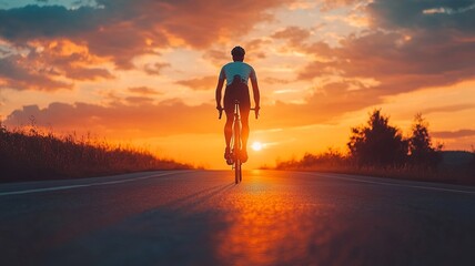 Rear back view of a cyclist man silhouetted against the orange twilight sky, riding on an asphalt road at dusk. Highlights summer outdoor sport activity and healthy lifestyle.