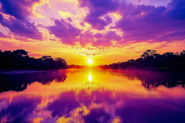 Peaceful riverside scene with the sun rising over the water, painting the sky with hues of purple and gold