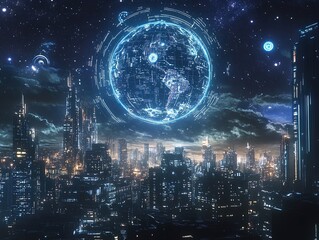 Obraz premium Globalization Illuminated: A Stunning Night View of a Mega-City Skyline Under Stars - Perfect for Sports Interiors and Modern Decor