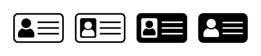 ID Card Icon Black, Driver's License Illustration, ID Badge Symbol, Identity Logo, Pass Passport Sign, Isolated, Variations vector 10 eps.