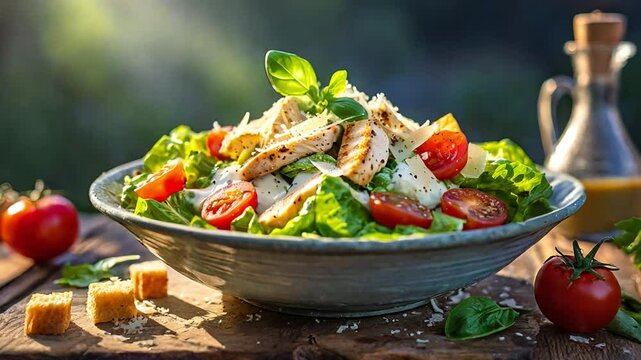 Tasty chicken Caesar salad with croutons, tomatoes, and Parmesan cheese.