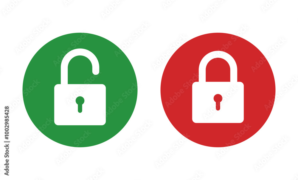 Poster padlock lock and unlock icon on green and red flat button, vector 10 eps.