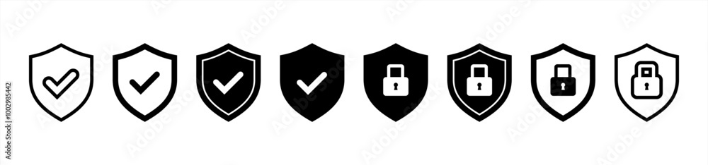 Poster Set of security shield icons, security shields logotypes with check mark and padlock. Security shield symbols. Vector 10 eps.