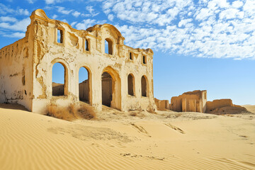 Obraz premium Forgotten desert ruin, with crumbling walls and sand slowly reclaiming the once-grand structures