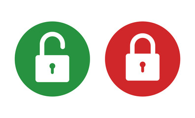 Padlock lock and unlock icon on green and red flat button, vector 10 eps.