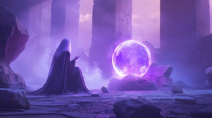 Obraz premium Enigmatic Oracle Divining the Future Amid Ancient Stones with Crystal Ball in Vivid Misty Surroundings
