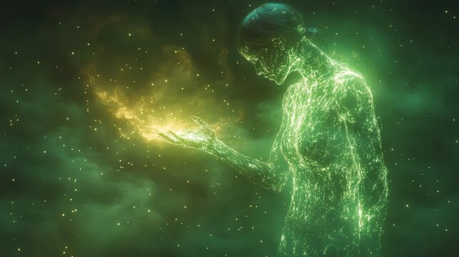 A glowing ethereal figure holds a swirling orb of energy