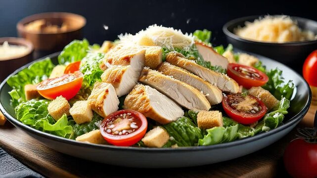 Tasty chicken Caesar salad with croutons, tomatoes, and Parmesan cheese.