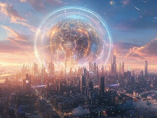 Obraz premium Vibrant Urban Center Panoramic View: A Stunning Poster Illustrating Global Networks, Geographic Features, and Glowing Elements for Dynamic Sports Interior Decor