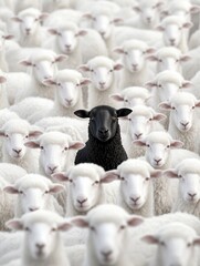 A lone black sheep stands surrounded by white sheep, highlighting the theme of individuality amidst uniformity