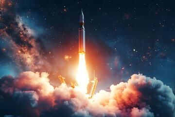 Fototapeta premium A rocket launching into space, surrounded by clouds and cosmic elements.