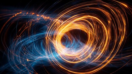 Vivid trails of orange and blue light blaze across a pitch-black canvas.