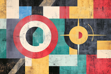 Abstract Vintage engraved image with colorful target and geometric shapes symbolizing market segmentation and diverse consumer groups 