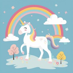A unicorn is flying through the sky with stars and clouds in the background