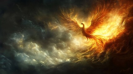 A fiery phoenix ascends through the clouds, a powerful emblem of rebirth and hope.