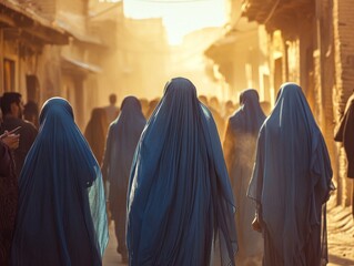 Afghan women in full burkas walking in remote mountain village, AI generated