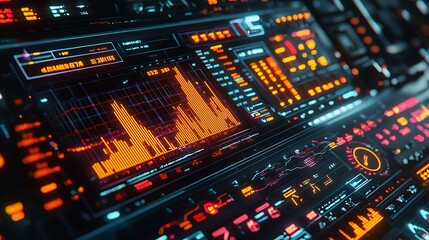 Obraz premium A futuristic interface glows with digital displays, visualizing data in vibrant detail.