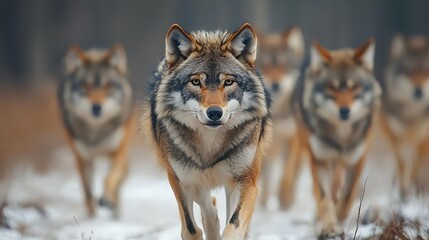 Naklejka premium A grey wolf pack moves through the snow-covered forest, their steps silent in the winter hush.