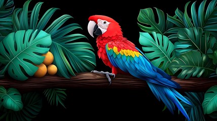 Fototapeta premium A tropical parrot perches gracefully on a branch, monstera leaves creating a lush backdrop.