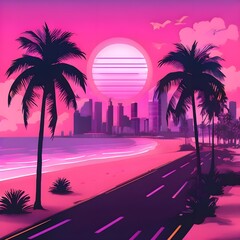 Vaporwave Neon Retro Beach and City with Palm Trees
