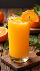 Refreshing orange juice with citrus garnishing on rustic wooden table
