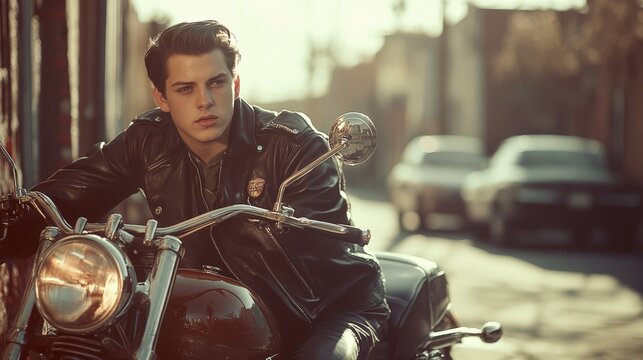 A young greaser with a stylish leather jacket sits on a classic motorcycle, gazing thoughtfully down a sun-drenched street lined with vintage cars, evoking a sense of nostalgia