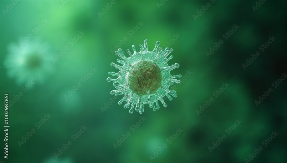 Poster close-up view of a microscopic virus particle highlighting spiky protrusions against a blurred green