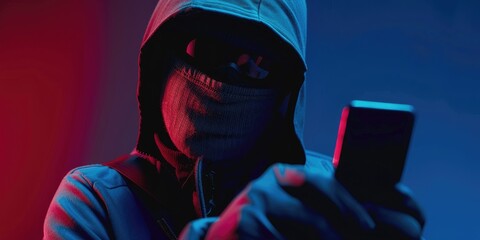 Cybercriminal disguised in a balaclava breaches personal banking information Fraudulent credit card operation Digital theft of funds via mobile device Creative tactics for online banking fraud